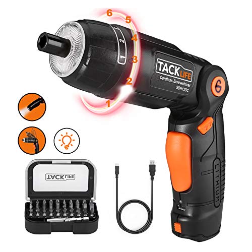 TACKLIFE Cordless Screwdriver, 3.6V 2.0Ah Electric Screwdriver Rechargeable, Adjustable 3 Position Handle, 31pcs Screwdriver Bits, 6 Torque Setting, 1 N.m to 4 N.m, Front&Rear Light, SDH13DC